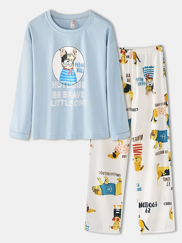 Mujeres De Dibujos Animados Animal & Letter Print Pullover Cintura Elástica Pantalones Sueltos Conjunto De Pijama Para El Hogar