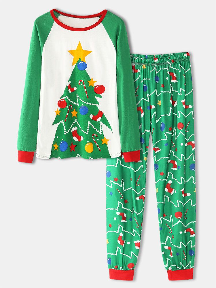 Mujeres Dibujos Animados Árbol De Navidad Estampado De Mangas Raglán Sudaderas Cintura Elástica Pantalones De Jogging Conjunto De Pijama Para El Hogar