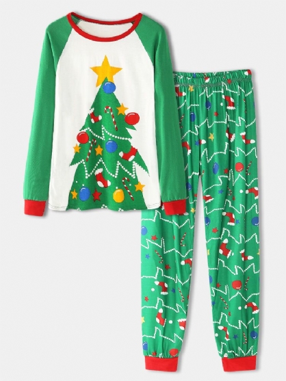 Mujeres Dibujos Animados Árbol De Navidad Estampado De Mangas Raglán Sudaderas Cintura Elástica Pantalones De Jogging Conjunto De Pijama Para El Hogar