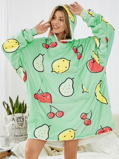 Mujeres De Dibujos Animados Con Estampado De Frutas Reversible Kangaroo Pocket Manta Sudadera Con Capucha Pijamas Para El Hogar