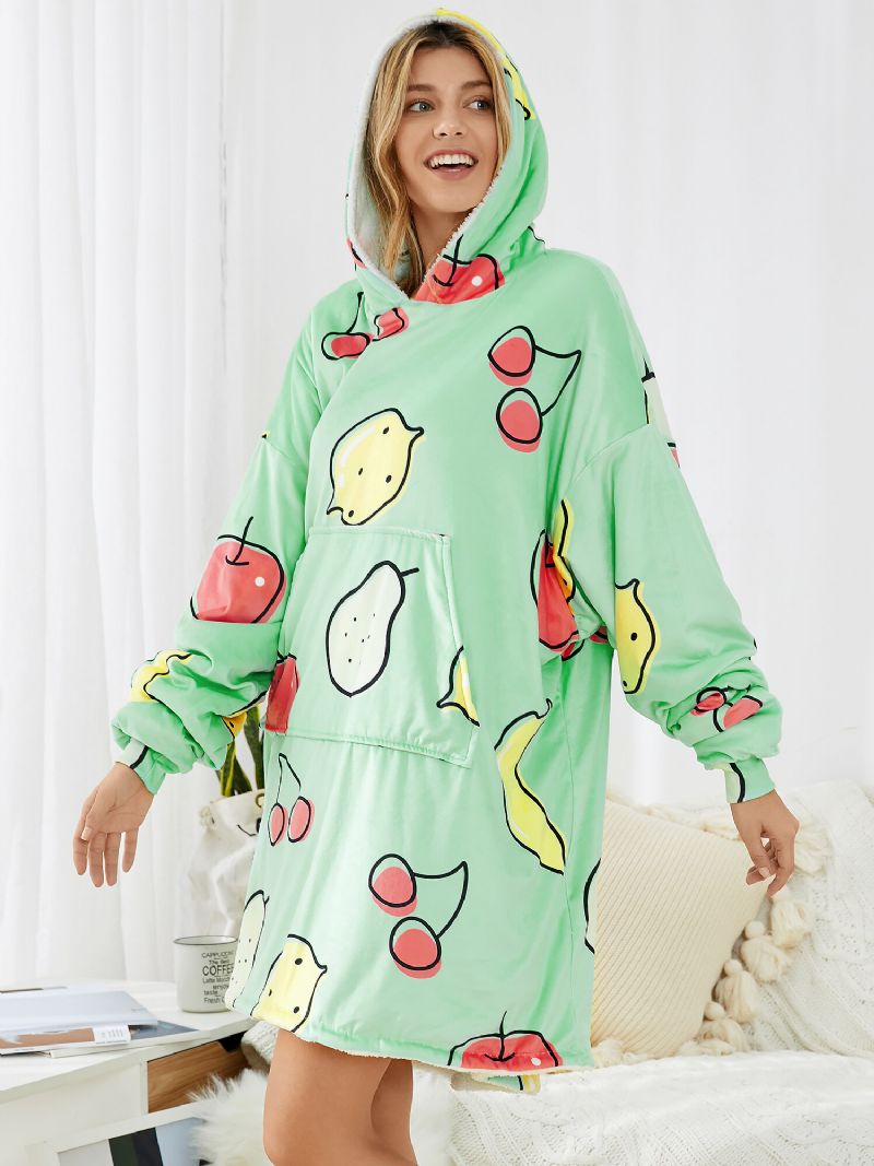 Mujeres De Dibujos Animados Con Estampado De Frutas Reversible Kangaroo Pocket Manta Sudadera Con Capucha Pijamas Para El Hogar