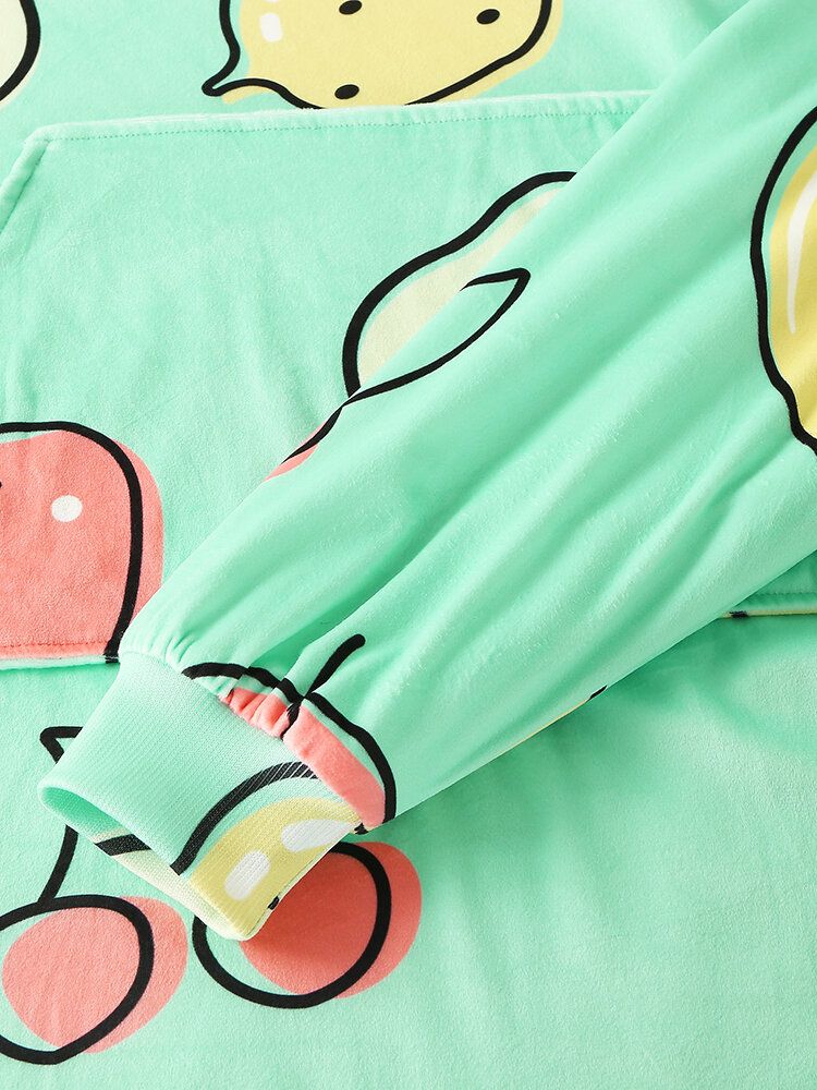 Mujeres De Dibujos Animados Con Estampado De Frutas Reversible Kangaroo Pocket Manta Sudadera Con Capucha Pijamas Para El Hogar