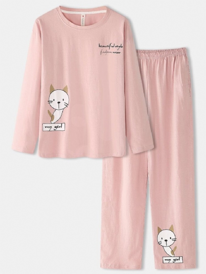 Mujeres De Dibujos Animados Con Estampado De Gato Jersey De Manga Larga Cintura Elástica Pantalones De Bolsillo Conjunto De Pijama Rosa Para El Hogar