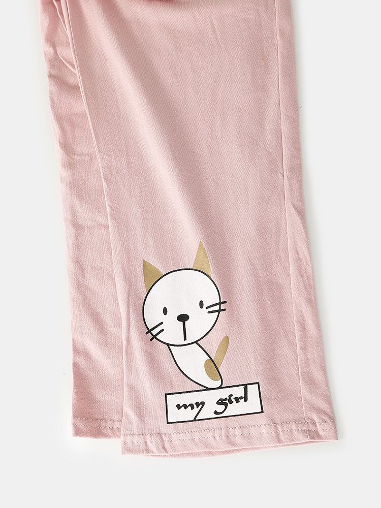 Mujeres De Dibujos Animados Con Estampado De Gato Jersey De Manga Larga Cintura Elástica Pantalones De Bolsillo Conjunto De Pijama Rosa Para El Hogar