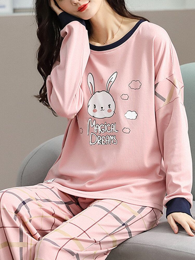 Mujeres De Dibujos Animados Conejo Estampado Pullover Plaid Pantalones De Cintura Elástica Conjunto De Pijama Rosa Para El Hogar