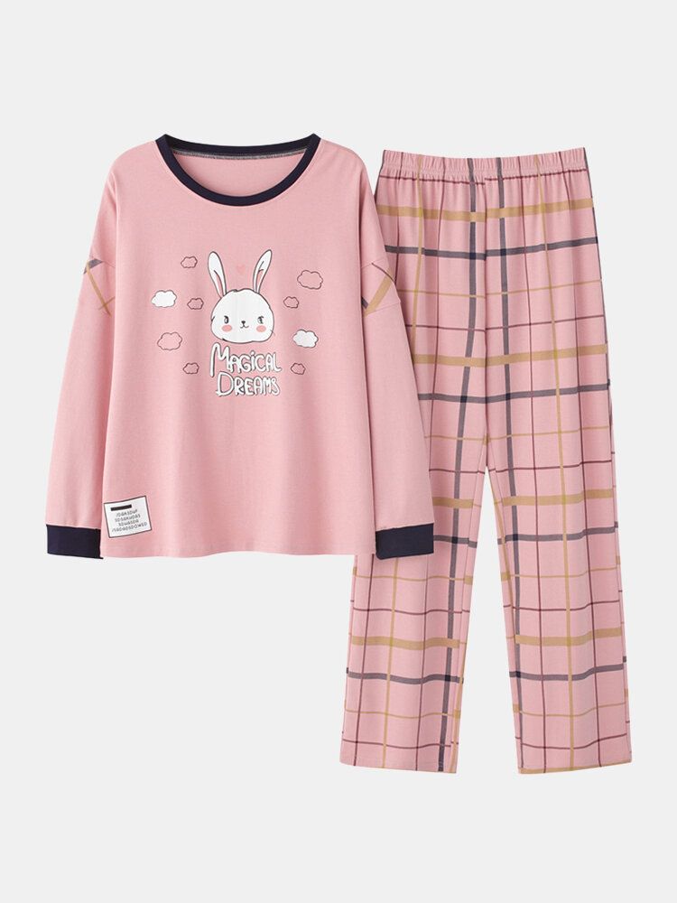 Mujeres De Dibujos Animados Conejo Estampado Pullover Plaid Pantalones De Cintura Elástica Conjunto De Pijama Rosa Para El Hogar