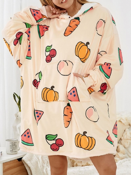 Mujeres Dibujos Animados Frutas Estampado Thicken Pouch Pocket Manta Sudadera Con Capucha Ropa De Dormir Para El Hogar Batas