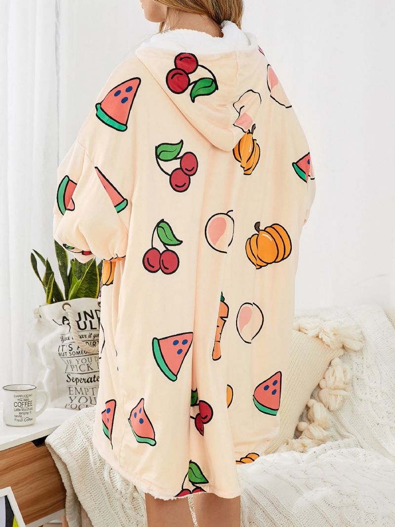 Mujeres Dibujos Animados Frutas Estampado Thicken Pouch Pocket Manta Sudadera Con Capucha Ropa De Dormir Para El Hogar Batas