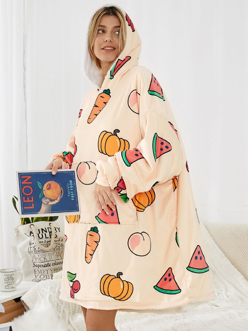 Mujeres Dibujos Animados Frutas Estampado Thicken Pouch Pocket Manta Sudadera Con Capucha Ropa De Dormir Para El Hogar Batas