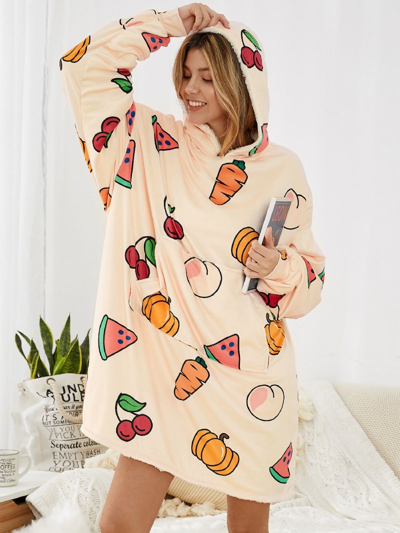 Mujeres Dibujos Animados Frutas Estampado Thicken Pouch Pocket Manta Sudadera Con Capucha Ropa De Dormir Para El Hogar Batas