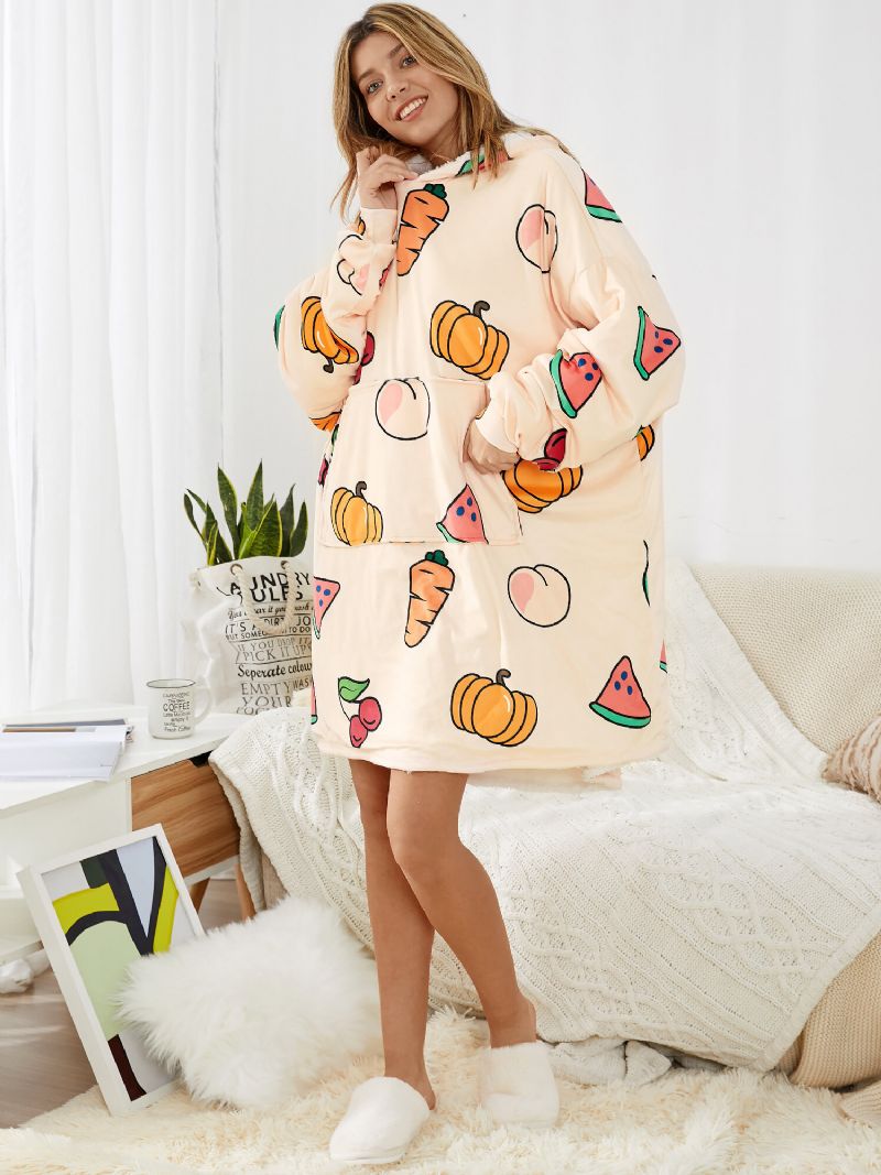 Mujeres Dibujos Animados Frutas Estampado Thicken Pouch Pocket Manta Sudadera Con Capucha Ropa De Dormir Para El Hogar Batas