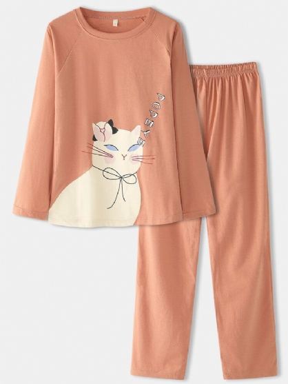 Mujeres De Dibujos Animados Gato Color Sólido Cintura Elástica Pantalones Sueltos Conjunto De Pijamas Para El Hogar