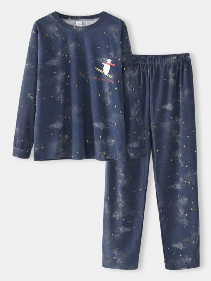 Mujeres De Dibujos Animados Oso Polar Y Cielo Estrellado Pullover Cintura Elástica Pantalones De Bolsillo Conjunto De Pijama Para El Hogar