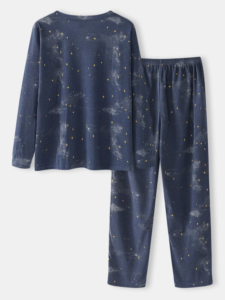 Mujeres De Dibujos Animados Oso Polar Y Cielo Estrellado Pullover Cintura Elástica Pantalones De Bolsillo Conjunto De Pijama Para El Hogar