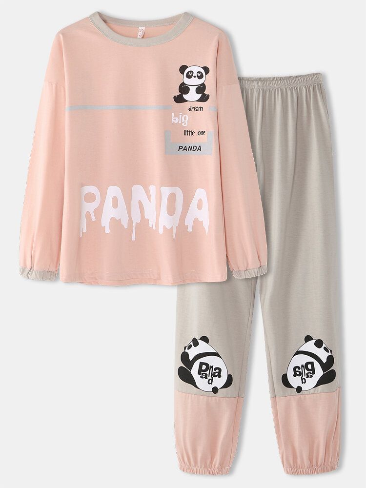 Mujeres Dibujos Animados Panda Gráficos Blusa Con Estampado De Letras Cintura Elástica Pantalones De Jogging Conjunto De Pijama Para El Hogar