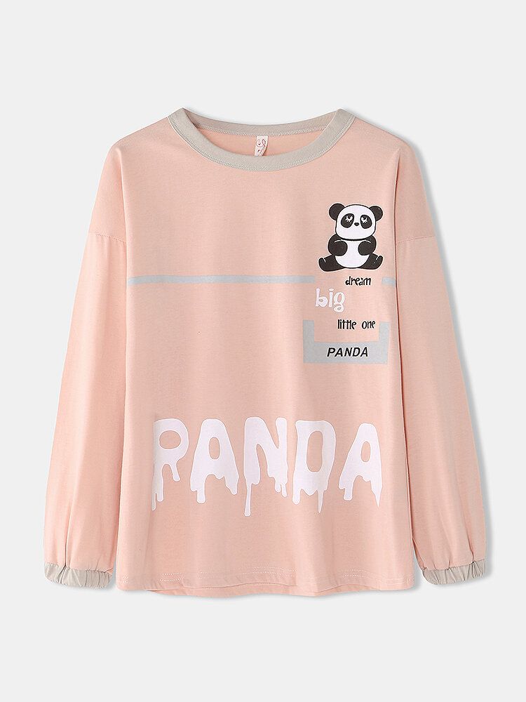 Mujeres Dibujos Animados Panda Gráficos Blusa Con Estampado De Letras Cintura Elástica Pantalones De Jogging Conjunto De Pijama Para El Hogar