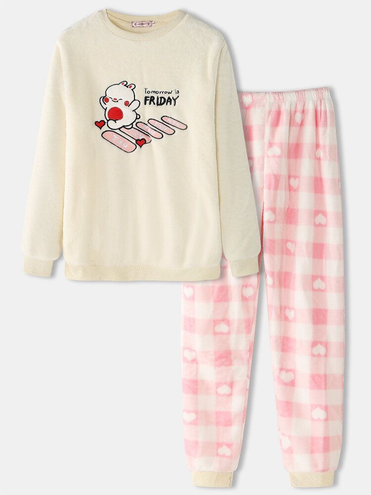 Mujeres De Dibujos Animados Y Letras Apliques De Felpa Pullover Plaid Jogger Pants Conjunto De Pijama Para El Hogar