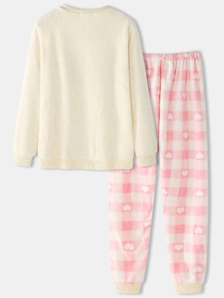 Mujeres De Dibujos Animados Y Letras Apliques De Felpa Pullover Plaid Jogger Pants Conjunto De Pijama Para El Hogar