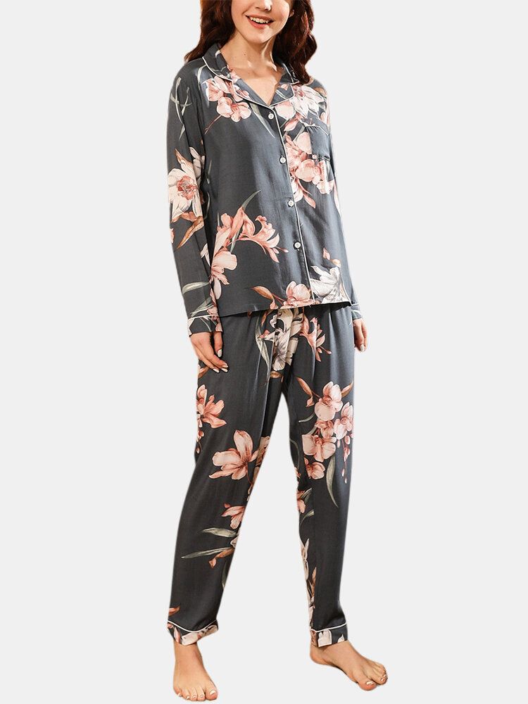 Mujeres Estampado Floral Revere Collar Manga Larga Botones Tops Pantalones Inicio Conjunto De Pijama Informal