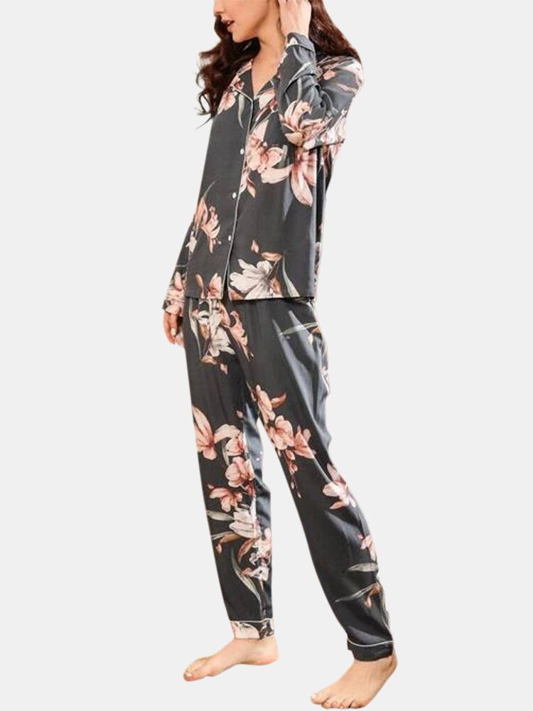 Mujeres Estampado Floral Revere Collar Manga Larga Botones Tops Pantalones Inicio Conjunto De Pijama Informal