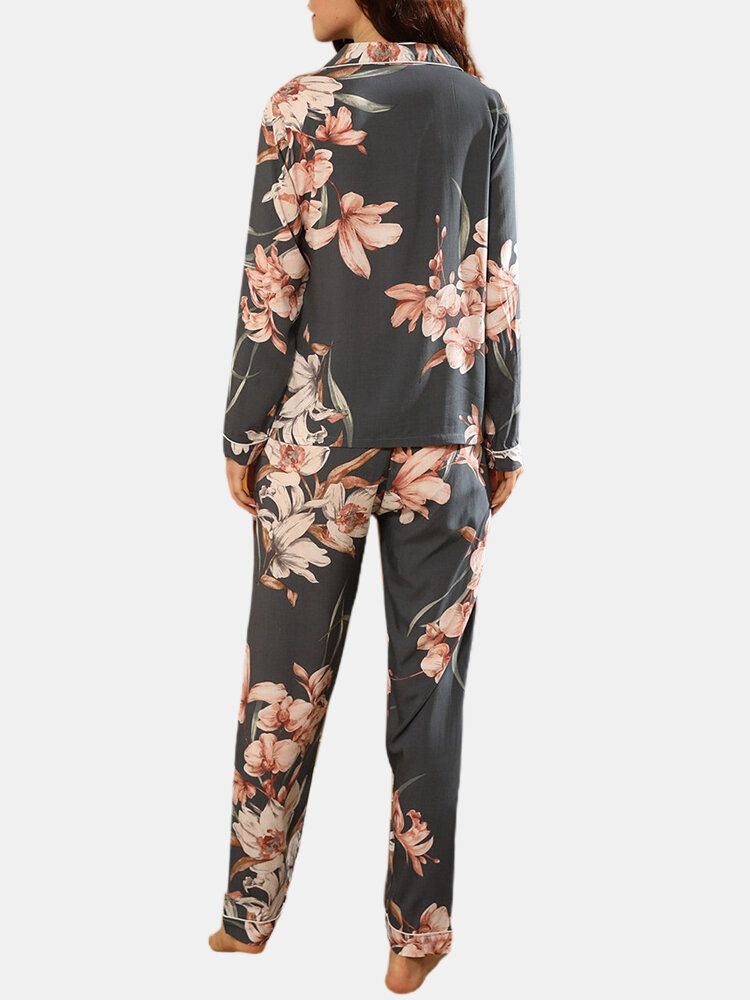 Mujeres Estampado Floral Revere Collar Manga Larga Botones Tops Pantalones Inicio Conjunto De Pijama Informal