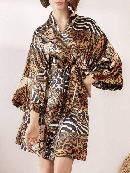 Mujeres Estilo Vintage Leopardo Patchwork Estampado De Cebra Manga Larga Ropa De Dormir De Seda Sintética Para El Hogar Batas