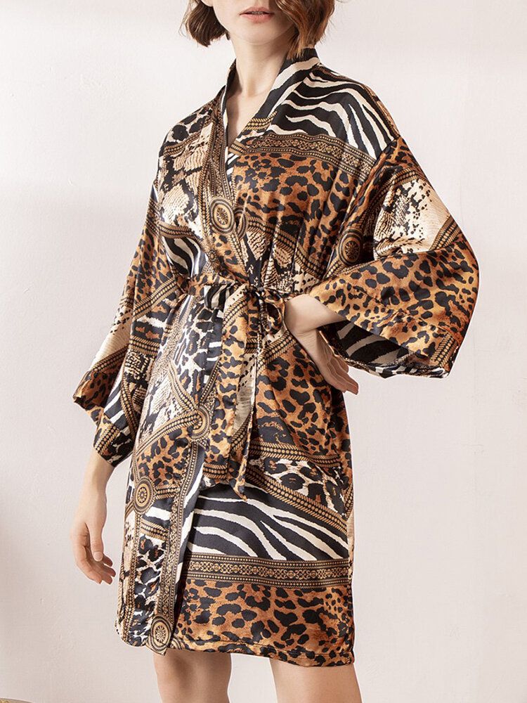 Mujeres Estilo Vintage Leopardo Patchwork Estampado De Cebra Manga Larga Ropa De Dormir De Seda Sintética Para El Hogar Batas