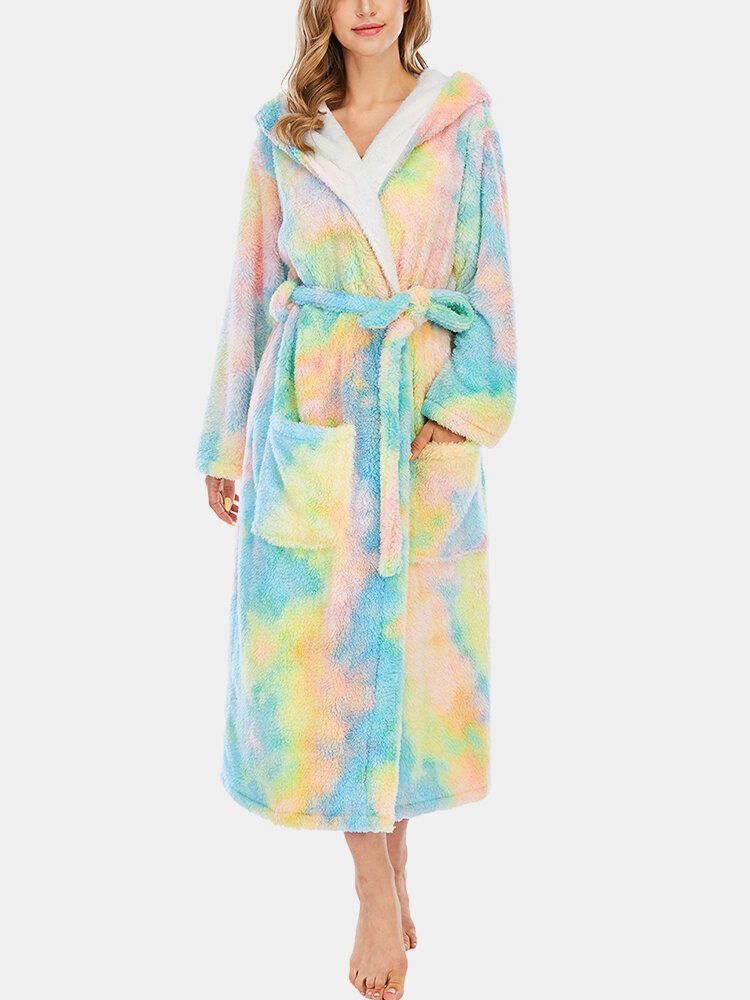 Mujeres Fleece Tie Dye Doble Bolsillo Manga Larga Con Capucha Ropa De Dormir Batas Para El Hogar