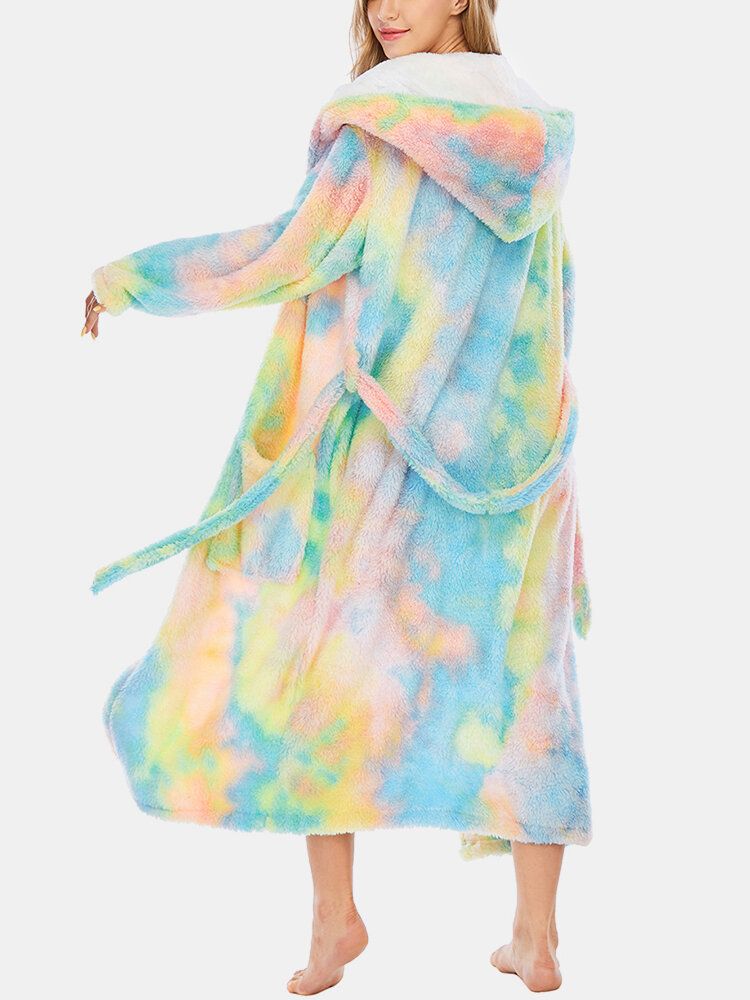 Mujeres Fleece Tie Dye Doble Bolsillo Manga Larga Con Capucha Ropa De Dormir Batas Para El Hogar