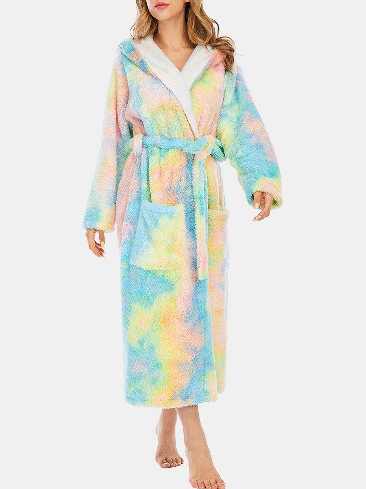 Mujeres Fleece Tie Dye Doble Bolsillo Manga Larga Con Capucha Ropa De Dormir Batas Para El Hogar