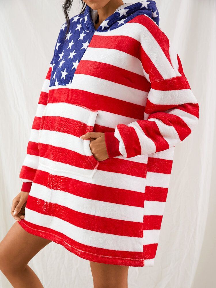 Mujeres Gráficos De La Bandera Americana Manta Con Forro Polar Sudadera Con Capucha Cozy Thicken Warm Robe Con Bolsillo