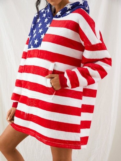 Mujeres Gráficos De La Bandera Americana Manta Con Forro Polar Sudadera Con Capucha Cozy Thicken Warm Robe Con Bolsillo