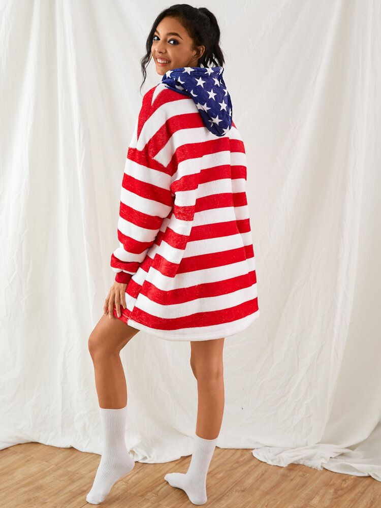 Mujeres Gráficos De La Bandera Americana Manta Con Forro Polar Sudadera Con Capucha Cozy Thicken Warm Robe Con Bolsillo