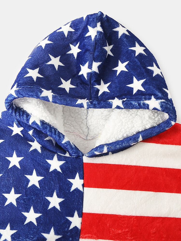 Mujeres Gráficos De La Bandera Americana Manta Con Forro Polar Sudadera Con Capucha Cozy Thicken Warm Robe Con Bolsillo