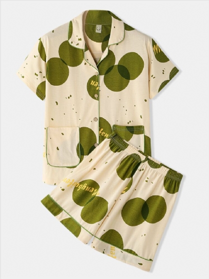 Mujeres Green Dot Print Revere Collar Manga Corta Pantalones Cortos De Cintura Elástica Conjunto De Pijama Para El Hogar