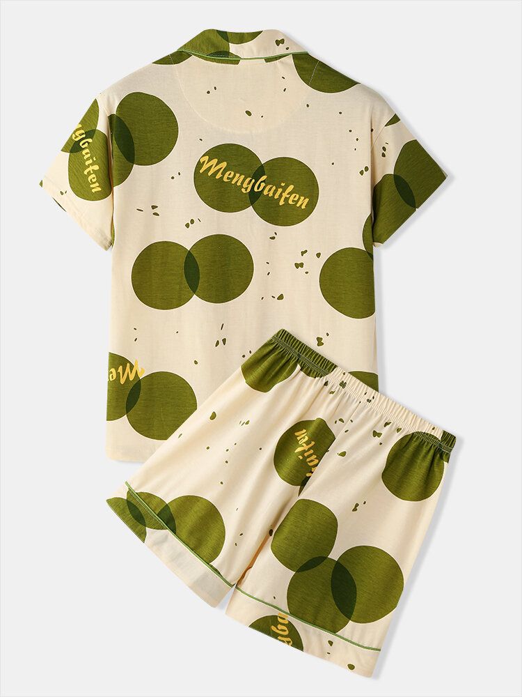 Mujeres Green Dot Print Revere Collar Manga Corta Pantalones Cortos De Cintura Elástica Conjunto De Pijama Para El Hogar