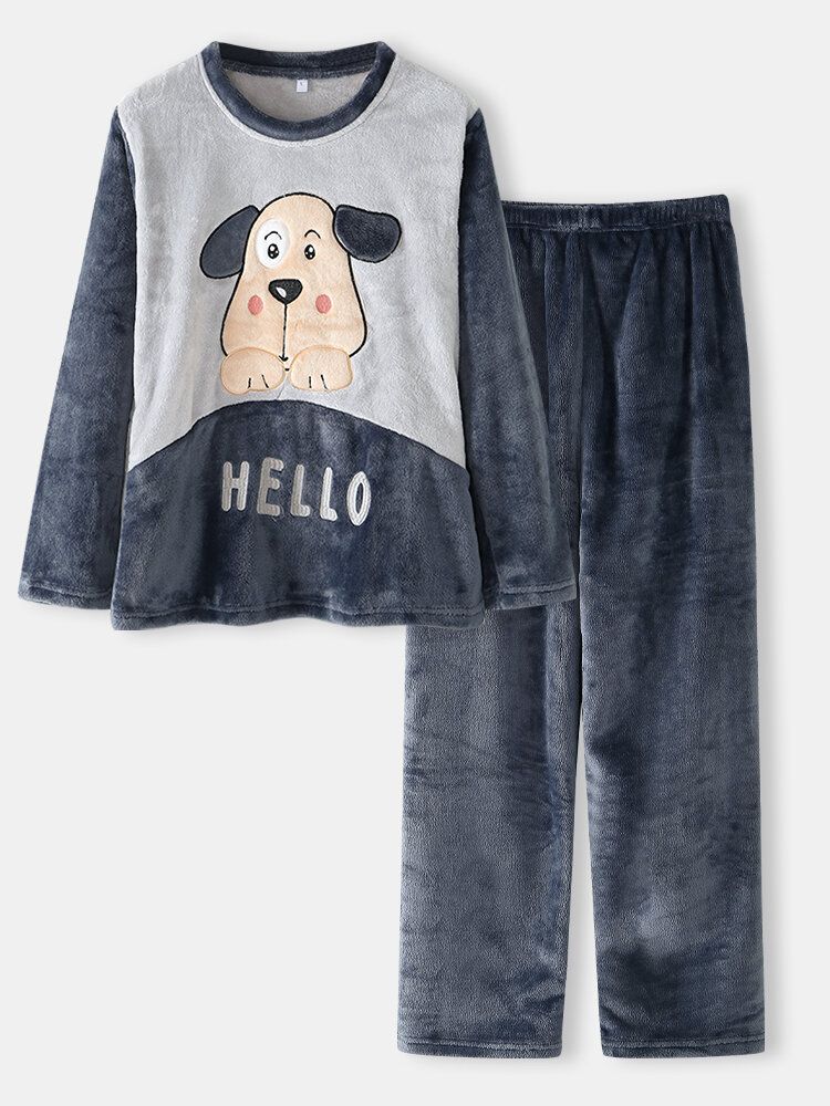 Mujeres Hello Cartoon Dog Pattern Side Pocket Top Plush Home Conjunto De Pijama Informal