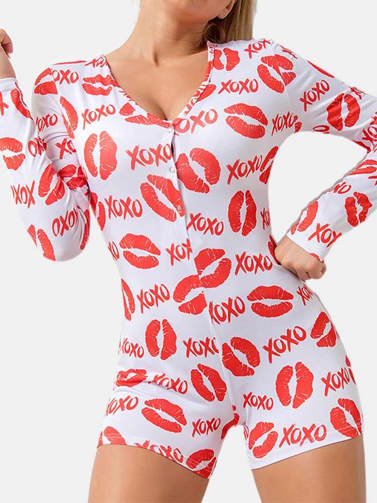 Mujeres Kiss Pattern Letter Print Escote En V Manga Larga Home Casual Shorts Monos