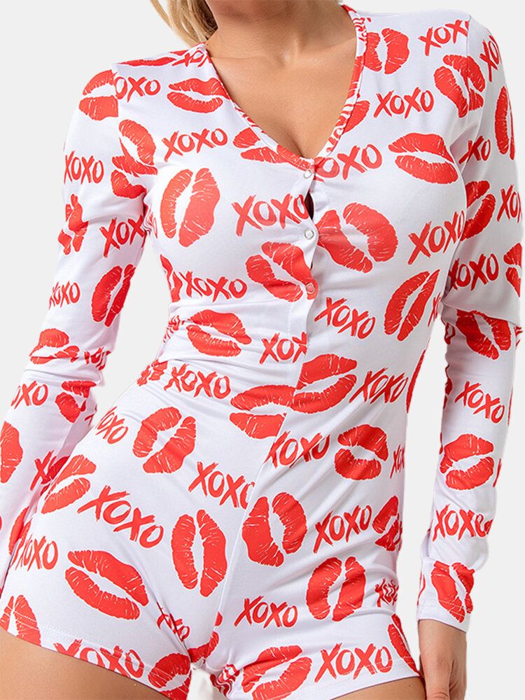 Mujeres Kiss Pattern Letter Print Escote En V Manga Larga Home Casual Shorts Monos