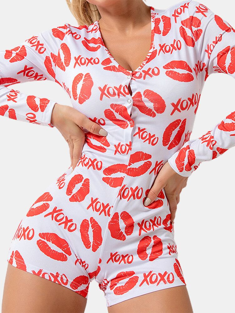 Mujeres Kiss Pattern Letter Print Escote En V Manga Larga Home Casual Shorts Monos