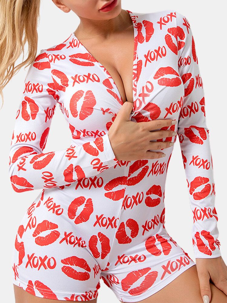 Mujeres Kiss Pattern Letter Print Escote En V Manga Larga Home Casual Shorts Monos