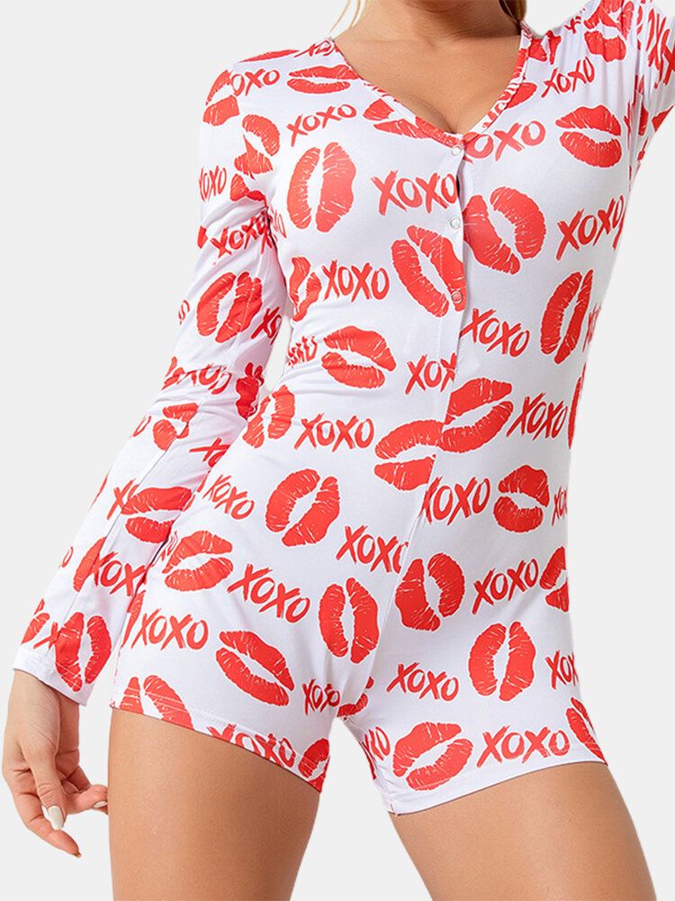 Mujeres Kiss Pattern Letter Print Escote En V Manga Larga Home Casual Shorts Monos