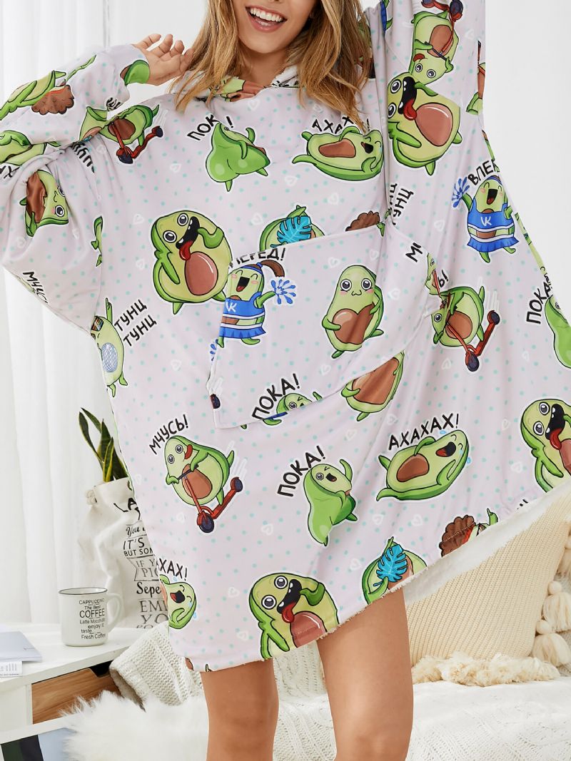 Mujeres Linda Caricatura En Todo El Estampado De Aguacate Cálido Traje Informal Espesar Oversized Kangaroo Pocket Blanket Hoodie