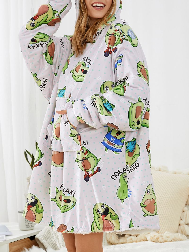 Mujeres Linda Caricatura En Todo El Estampado De Aguacate Cálido Traje Informal Espesar Oversized Kangaroo Pocket Blanket Hoodie