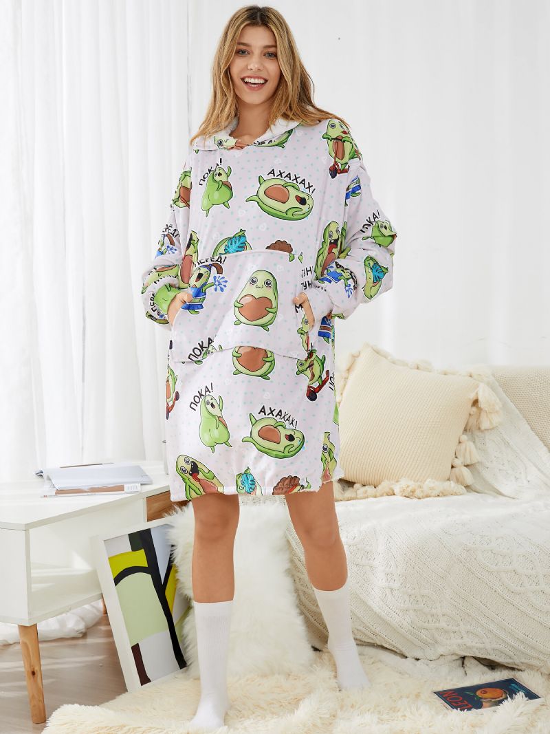 Mujeres Linda Caricatura En Todo El Estampado De Aguacate Cálido Traje Informal Espesar Oversized Kangaroo Pocket Blanket Hoodie