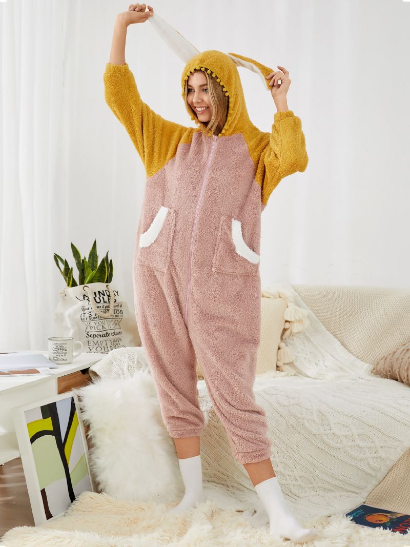 Mujeres Lindo Conejo Patchwork Mullido Felpa Animal Caliente Onesie Home Monos