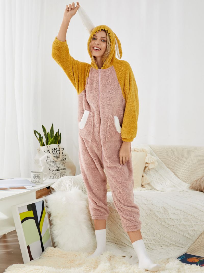 Mujeres Lindo Conejo Patchwork Mullido Felpa Animal Caliente Onesie Home Monos