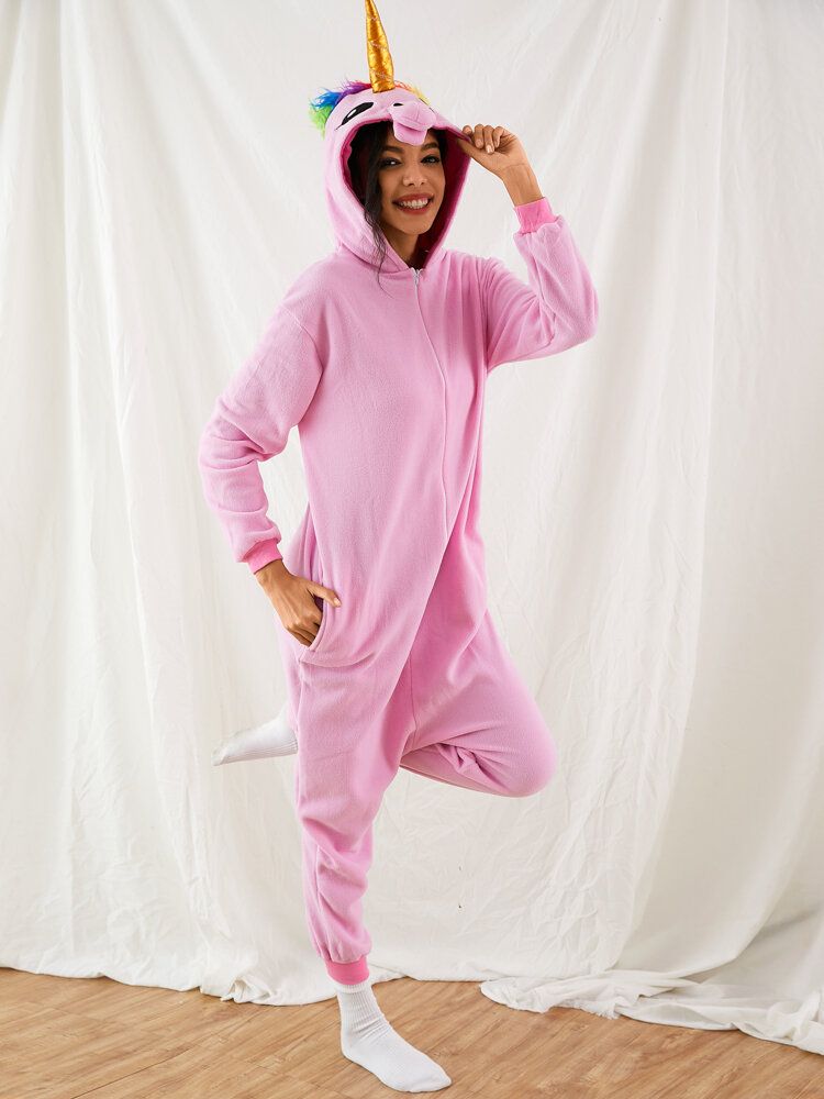 Mujeres Lindo Unicornio Dibujos Animados Cremallera Frente Casual Homewear Monos Con Capucha Animal Onesies