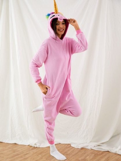 Mujeres Lindo Unicornio Dibujos Animados Cremallera Frente Casual Homewear Monos Con Capucha Animal Onesies