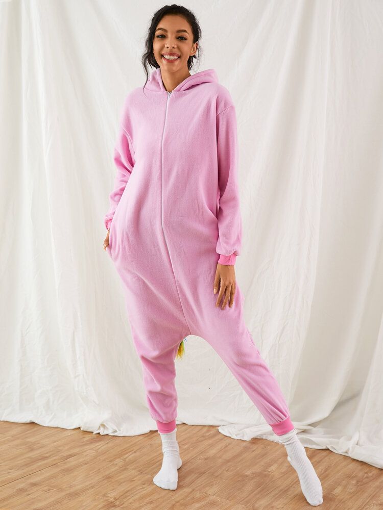 Mujeres Lindo Unicornio Dibujos Animados Cremallera Frente Casual Homewear Monos Con Capucha Animal Onesies